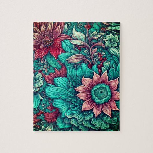 Blumenmuster, Aqua, Aquamarin, Türkis und Grau Puzzle (Vertikal)