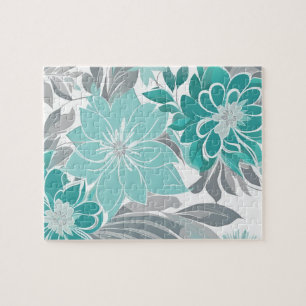 Blumenmuster, Aqua, Aquamarin, Türkis und Grau Puzzle