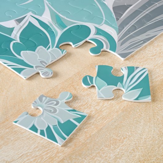 Blumenmuster, Aqua, Aquamarin, Türkis und Grau Puzzle (Seite)