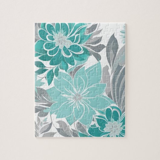 Blumenmuster, Aqua, Aquamarin, Türkis und Grau Puzzle (Vertikal)