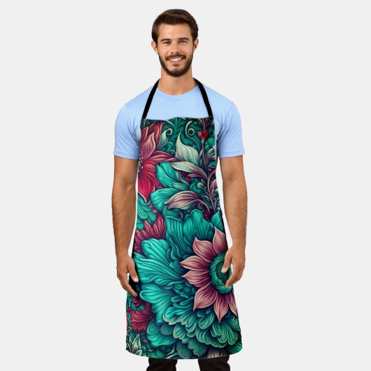 Blumenmuster, Aqua, Aquamarin, Türkis und Grau Schürze (Getragen)