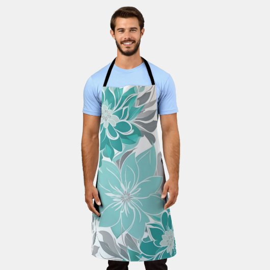 Blumenmuster, Aqua, Aquamarin, Türkis und Grau Schürze (Getragen)