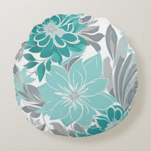 Blumenmuster, Aqua, Teal, Türkis und Grau Rundes Kissen