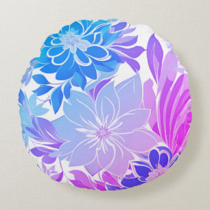 Blumenmuster, Aquamarin, Blau, Lila, Rosa Rundes Kissen