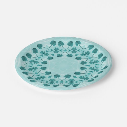 Blumenmuster, Aquamarin blau Pappteller (Schrägansicht)