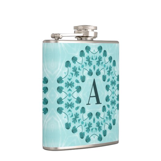 Blumenmuster, Aquamarin Blue Initial Flachmann (Rechts)