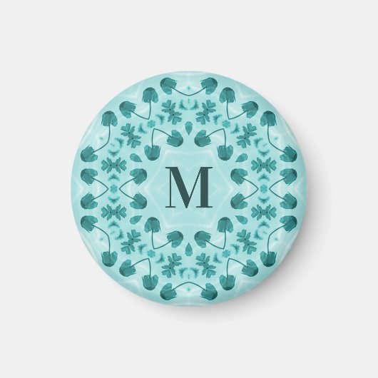 Blumenmuster, Aquamarin Blue Initial Magnet (Vorne)