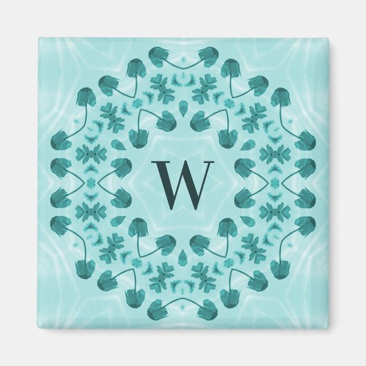 Blumenmuster, Aquamarin Blue Initial Magnet (Vorne)