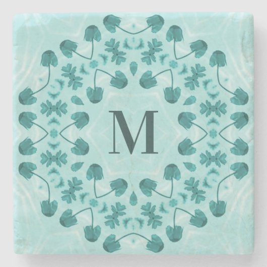 Blumenmuster, Aquamarin Blue Initial Steinuntersetzer (Vorderseite)