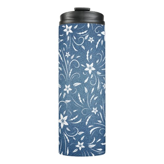 Blumenmuster auf Denim Thermosbecher (Vorderseite)