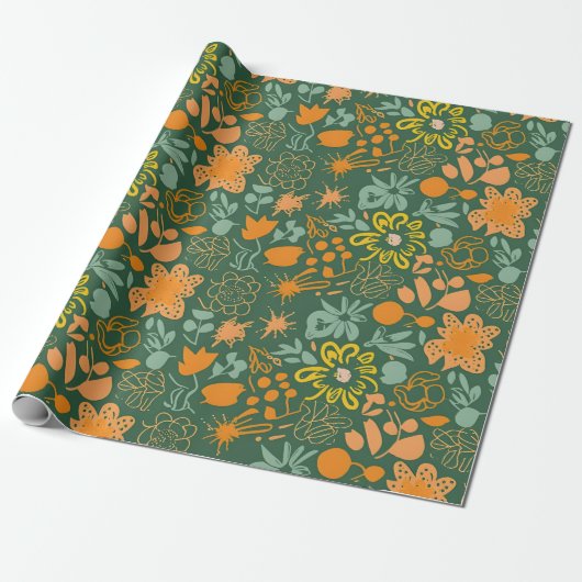 Blumenmuster auf dunkelgrünem Hintergrund  Geschenkpapier (Ungerollt)
