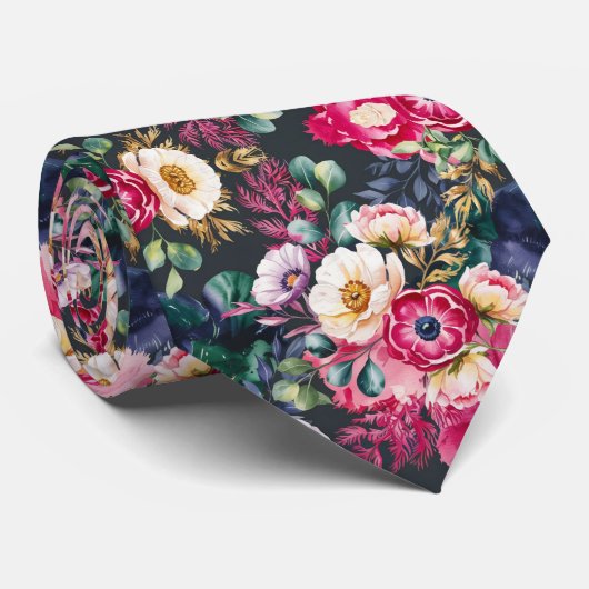 Blumenmuster auf dunklem Hintergrund Krawatte (Gerollt)