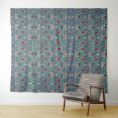Blumenmuster auf grünen Blättern blauem Hintergrun Wandteppich (Beispiel (Horizontal))