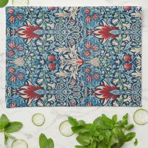 Blumenmuster auf grünen Blättern, blauer Hintergru Geschirrtuch