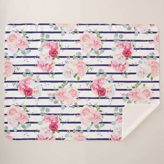 Blumenmuster auf Horizontal Streifen Rose Peony Sherpadecke (Vorderseite (Horizontal))