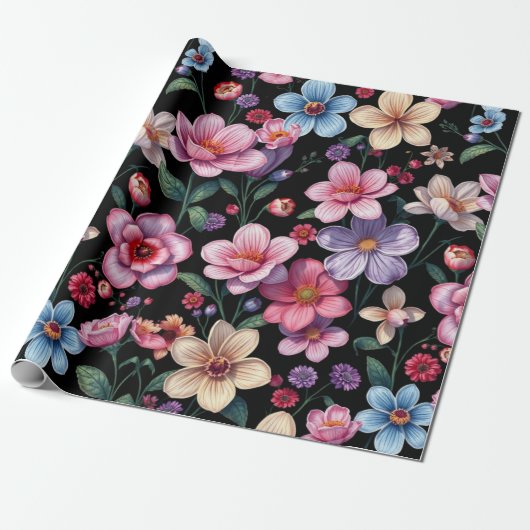 Blumenmuster auf schwarzem Papier Geschenkpapier (Ungerollt)