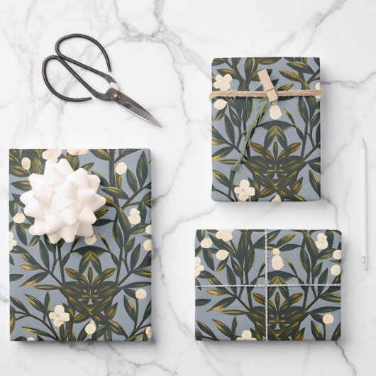 Blumenmuster auf staubgrauem Hintergrund Geschenkpapier Set (Vorderseite)