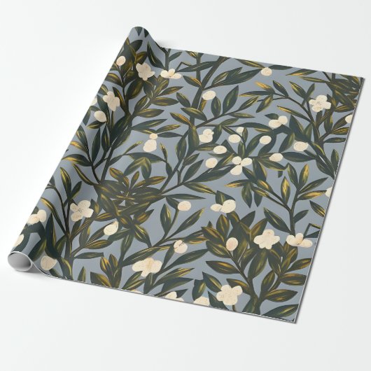 Blumenmuster auf staubigem Blaugrau Hintergrund Geschenkpapier (Ungerollt)