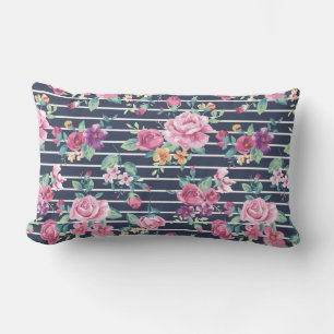 Blumenmuster auf Streifen Rosen Laub Pink Lila Lendenkissen