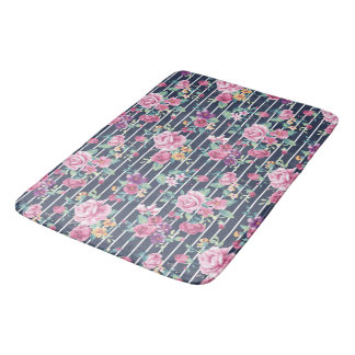 Blumenmuster auf Stripe-Rose Blattrosa Lila Badematte