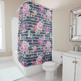 Blumenmuster auf Stripe-Rose Blattrosa Lila Duschvorhang