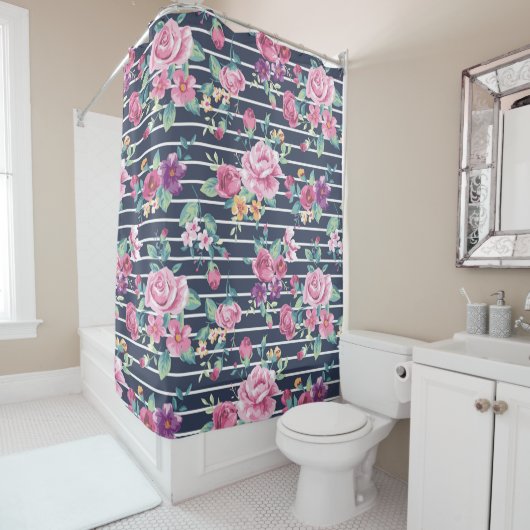 Blumenmuster auf Stripe-Rose Blattrosa Lila Duschvorhang (Beispiel)