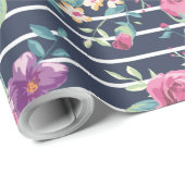 Blumenmuster auf Stripe-Rose Blattrosa Lila Geschenkpapier (Rolleneckpunkt)
