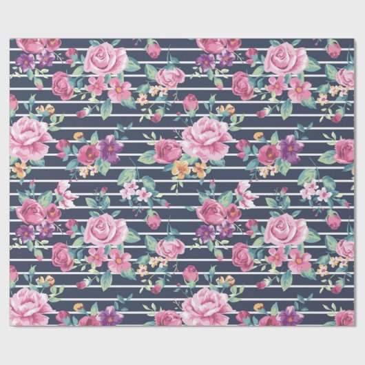 Blumenmuster auf Stripe-Rose Blattrosa Lila Geschenkpapier (Flach)