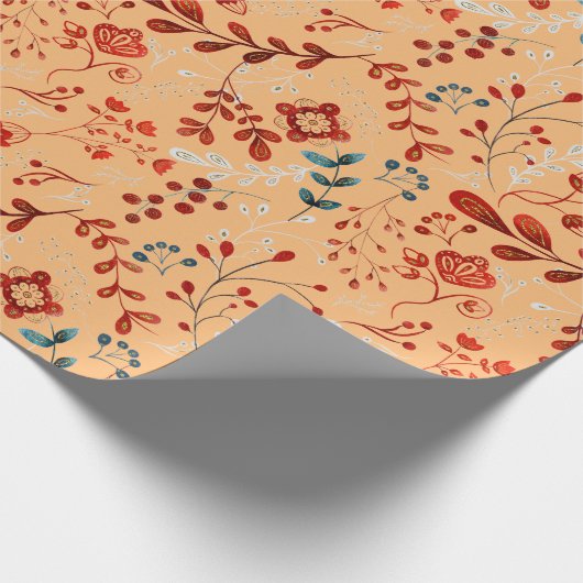 Blumenmuster aus rotem, blauer Pflanze auf braunem Geschenkpapier (Ecke)