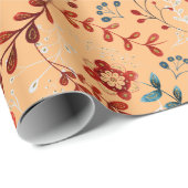 Blumenmuster aus rotem, blauer Pflanze auf braunem Geschenkpapier (Rolleneckpunkt)