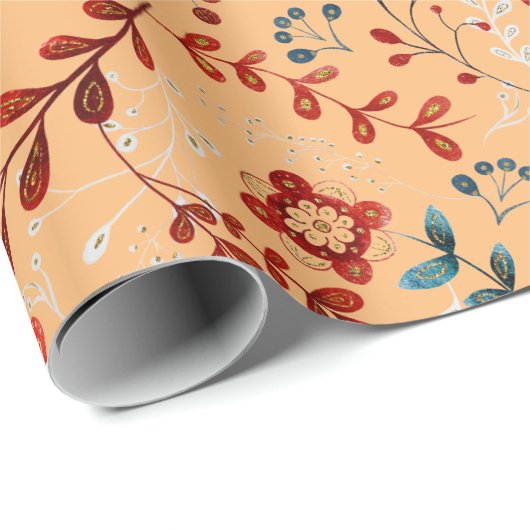 Blumenmuster aus rotem, blauer Pflanze auf braunem Geschenkpapier (Rolleneckpunkt)