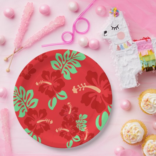 Blumenmuster aus rotem und grünem tropischem Hibis Pappteller (Party)