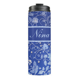 Blumenmuster blau, hellblau thermosbecher