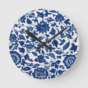 Blumenmuster Blau Runde Wanduhr