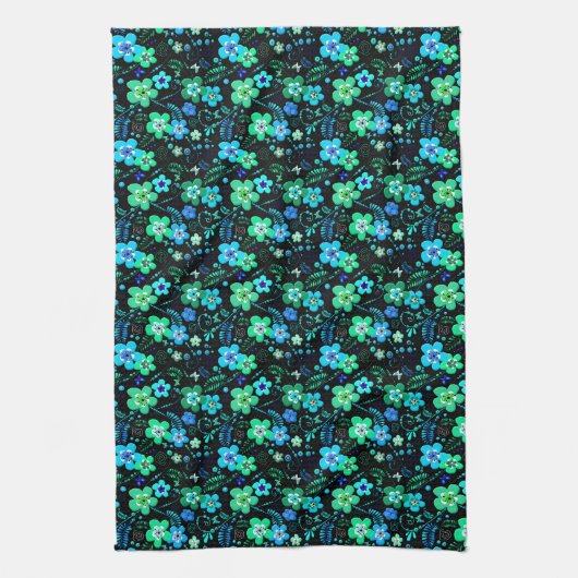Blumenmuster blau und aquamarin geschirrtuch (Vertikal)