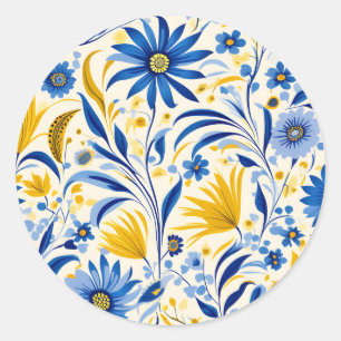 Blumenmuster Blau und Gelb Blätter Muster Runder Aufkleber