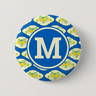 Blumenmuster Blau und Gelb Lemons Blumenmuster Button
