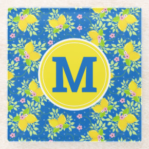 Blumenmuster Blau und Gelb Lemons Blumenmuster Glasuntersetzer