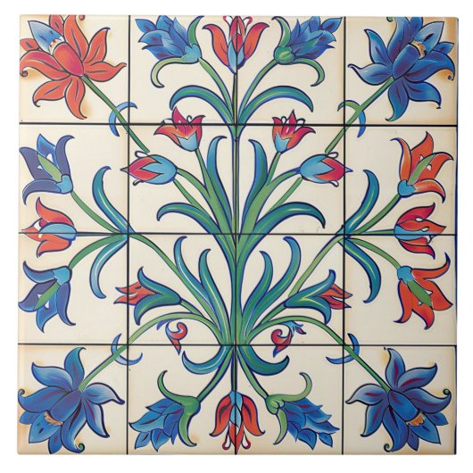 Blumenmuster Blau Und Orange Blumen  Fliese (Vorderseite)