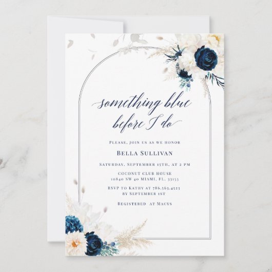 Blumenmuster - Blaues Brautparty Einladung (Vorderseite)