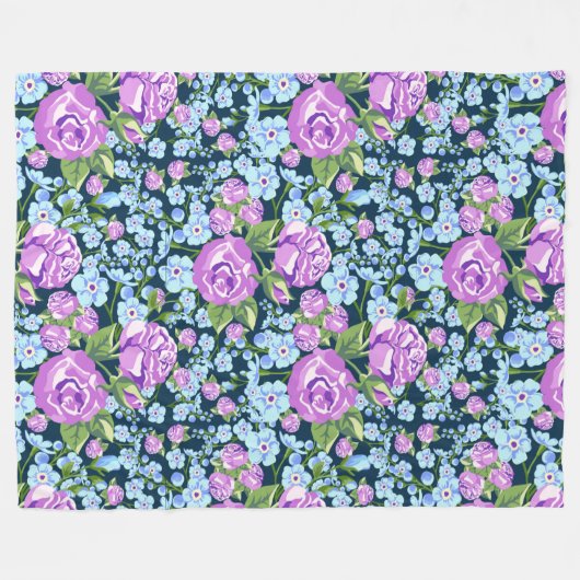 Blumenmuster-Blume in Vollblut Blau Lila Fleecedecke (Vorderseite (Horizontal))