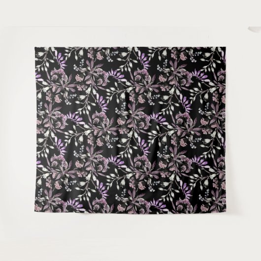 Blumenmuster-Blume Lila schwarzer Hintergrund Wandteppich (Vorderseite (Horizontal))