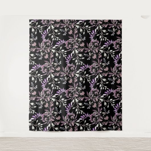 Blumenmuster-Blume Lila schwarzer Hintergrund Wandteppich (Vorderseite)