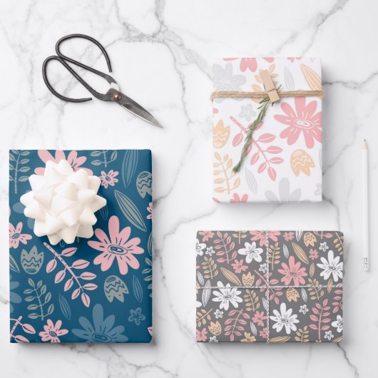 Blumenmuster Blume von Hand gezogenes Blütenblatt Geschenkpapier Set (Vorderseite)