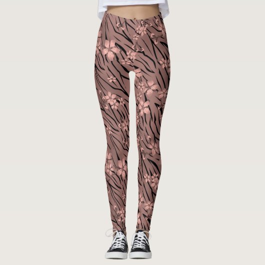 Blumenmuster, braun, Tigermuster Leggings (Vorderseite)
