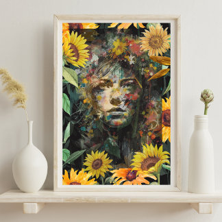 Blumenmuster Collage Gelbe Frau Portrait Poster