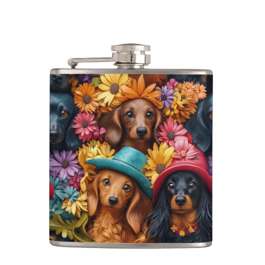 Blumenmuster - Dackel Nahtloses Muster - Hundefreu Flachmann (Vorderseite)