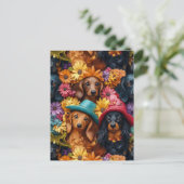 Blumenmuster - Dackel Nahtloses Muster - Hundefreu Postkarte (Stehend Vorderseite)