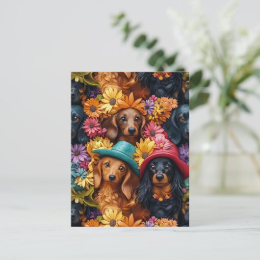 Blumenmuster - Dackel Nahtloses Muster - Hundefreu Postkarte (Stehend Vorderseite)