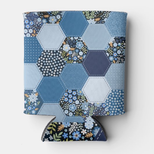 Blumenmuster, Denim Patchwork: blaues Muster. Dosenkühler (Vorderseite)